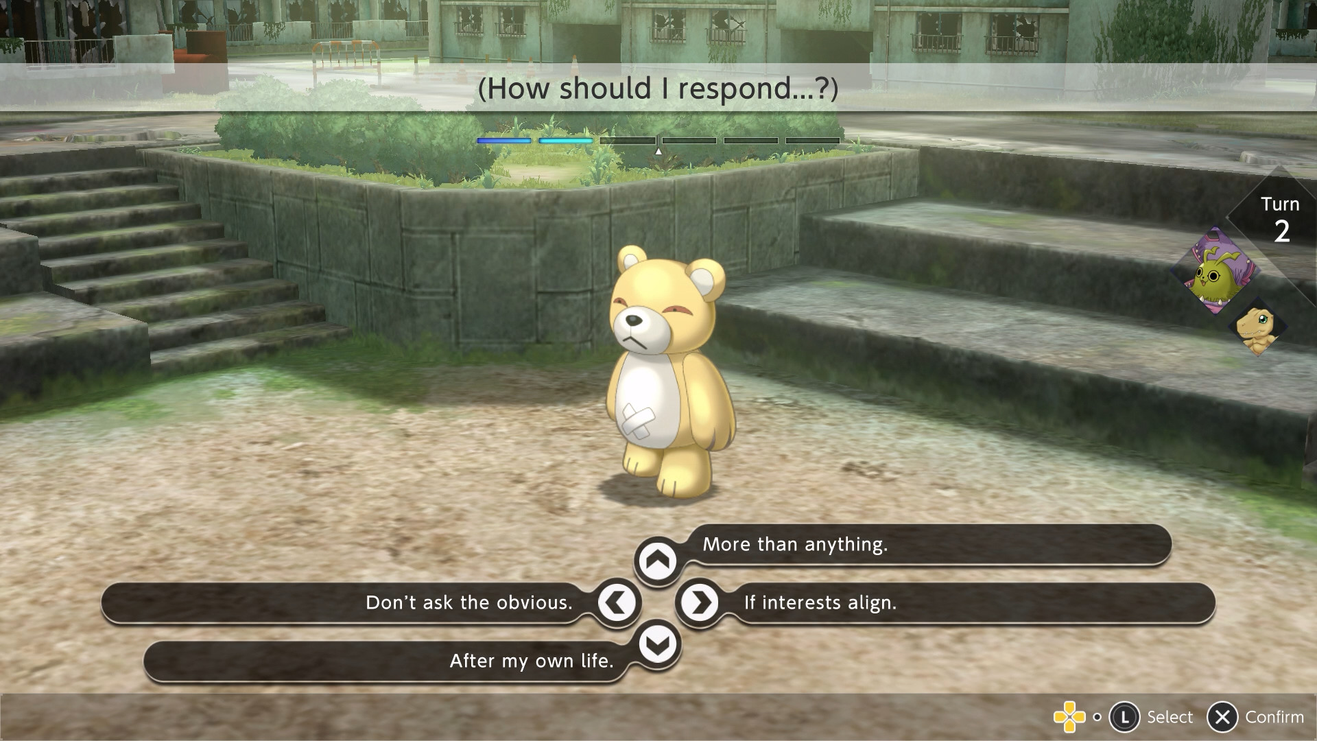 Monzaemon in 'Digimon Survive,' which uses conversations to fuel its Karma system. In the image, he's standing in front of stone steps. There are multiple responses the player can choose from listed beneath him.