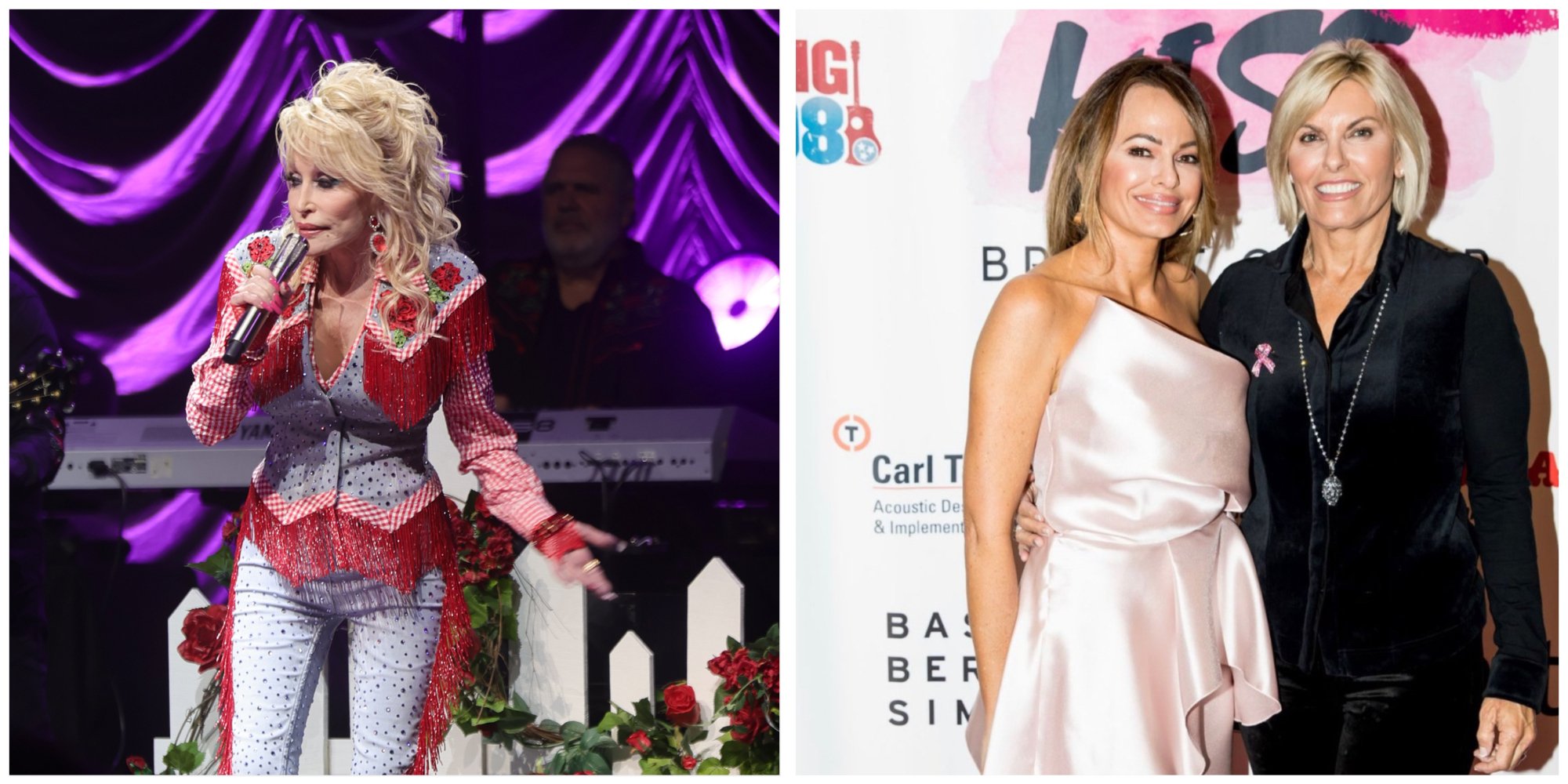 Dolly Parton performs at SXSW and stands onstage with a microphone. Leah Shafer and Captain Sandy Yawn appeared at an event and smile on step and repeat.