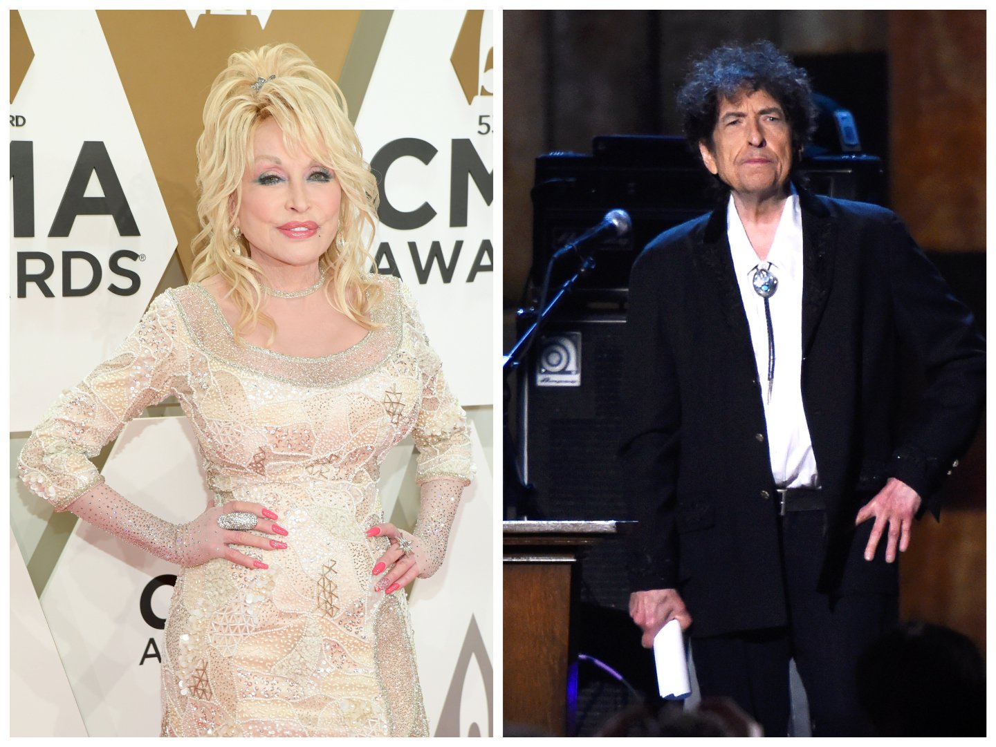Dolly Parton wears a white dress and stands with her hands on her hips. Bob Dylan wears a bolo tie and stands with one hand on his hip.