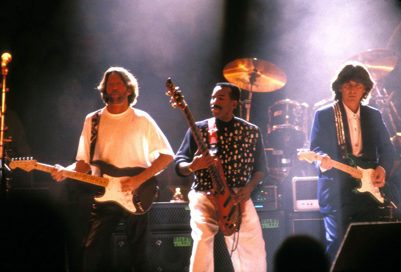 Eric Clapton and George Harrison performing in Los Angeles in 1992.