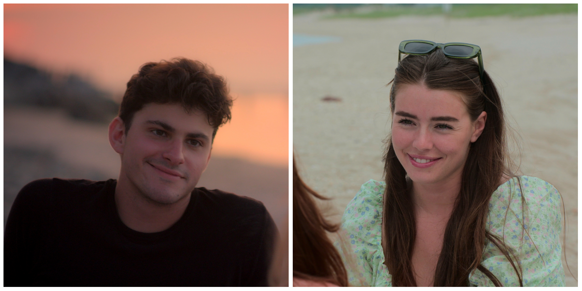Ilan Luttway smiles at someone on the beach. Lottie Evans smiles at a friend on the beach. 