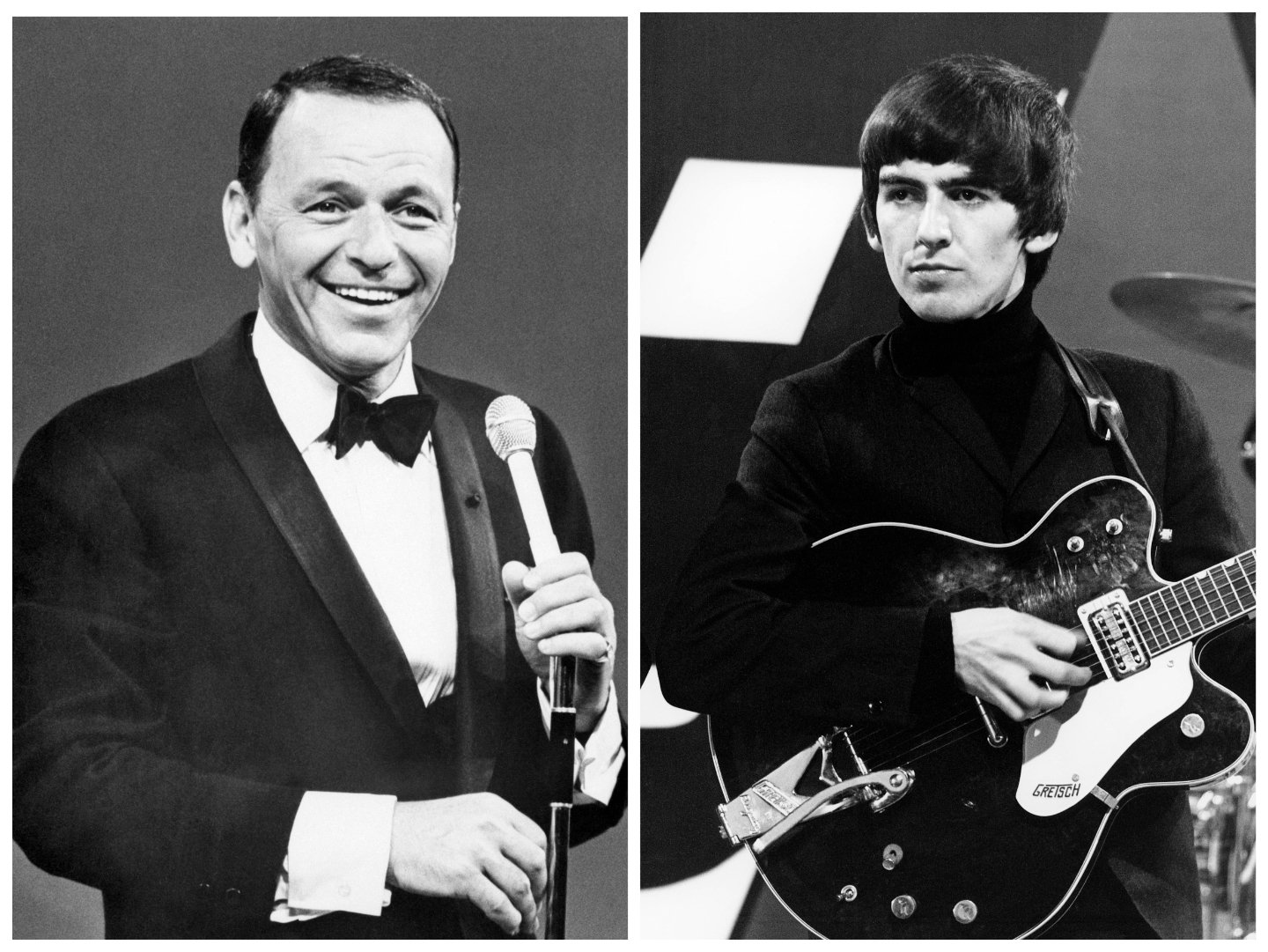 A black and white photo of Frank Sinatra wearing a tuxedo and holding a microphone. George Harrison wears a turtleneck and plays guitar.