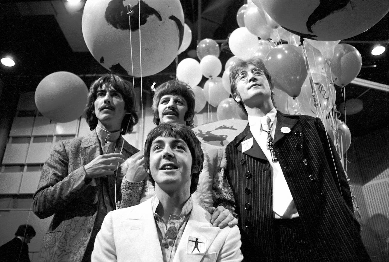 George Harrison, Ringo Starr, John Lennon, and Paul McCartney at the 'All You Need Is Love' world satellite performance in 1967.