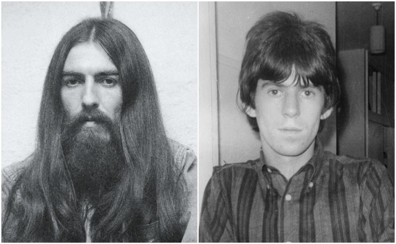 George Harrison with long hair in 1971 and Keith Richards wearing a button down in 1967.