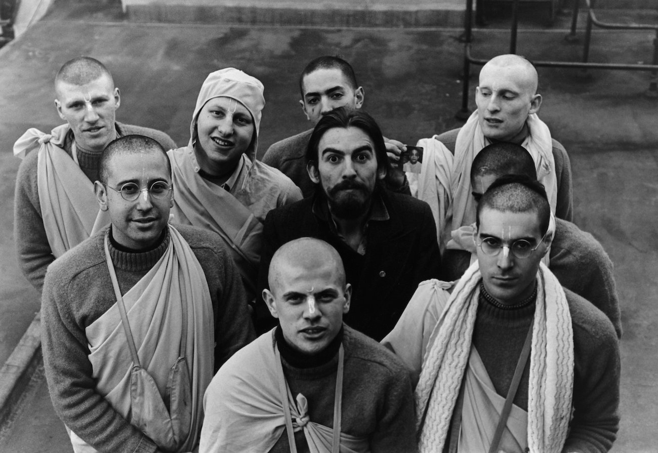 George Harrison with members of the Hare Krishna Temple in 1970.