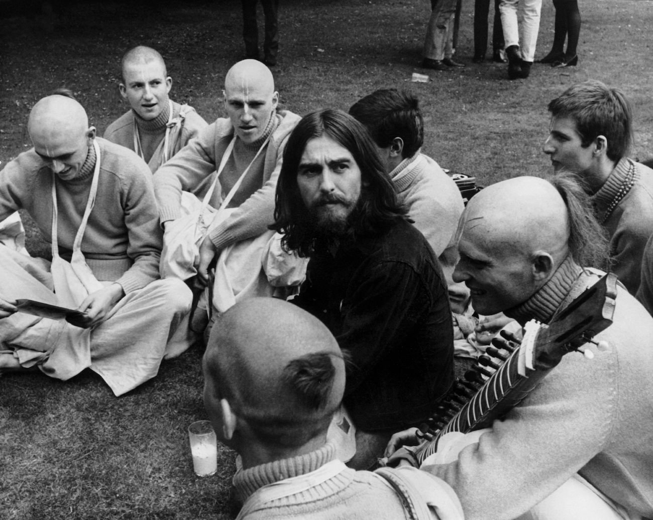 George Harrison with members of the Hare Krishna temple in 1969.