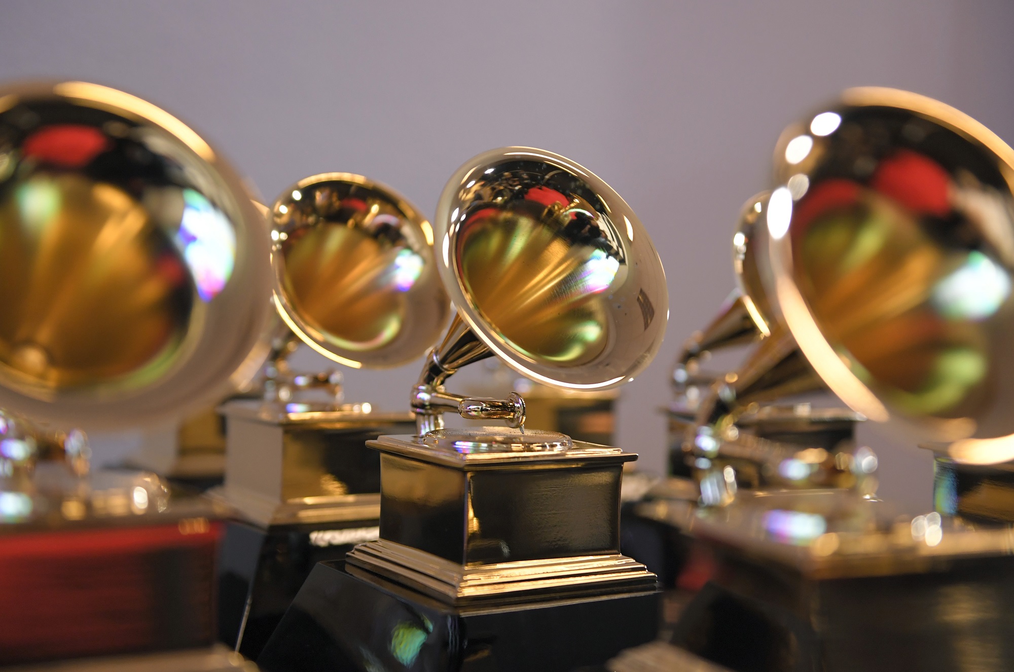 Grammy trophies in the press room at the 64th Annual Grammy Awards