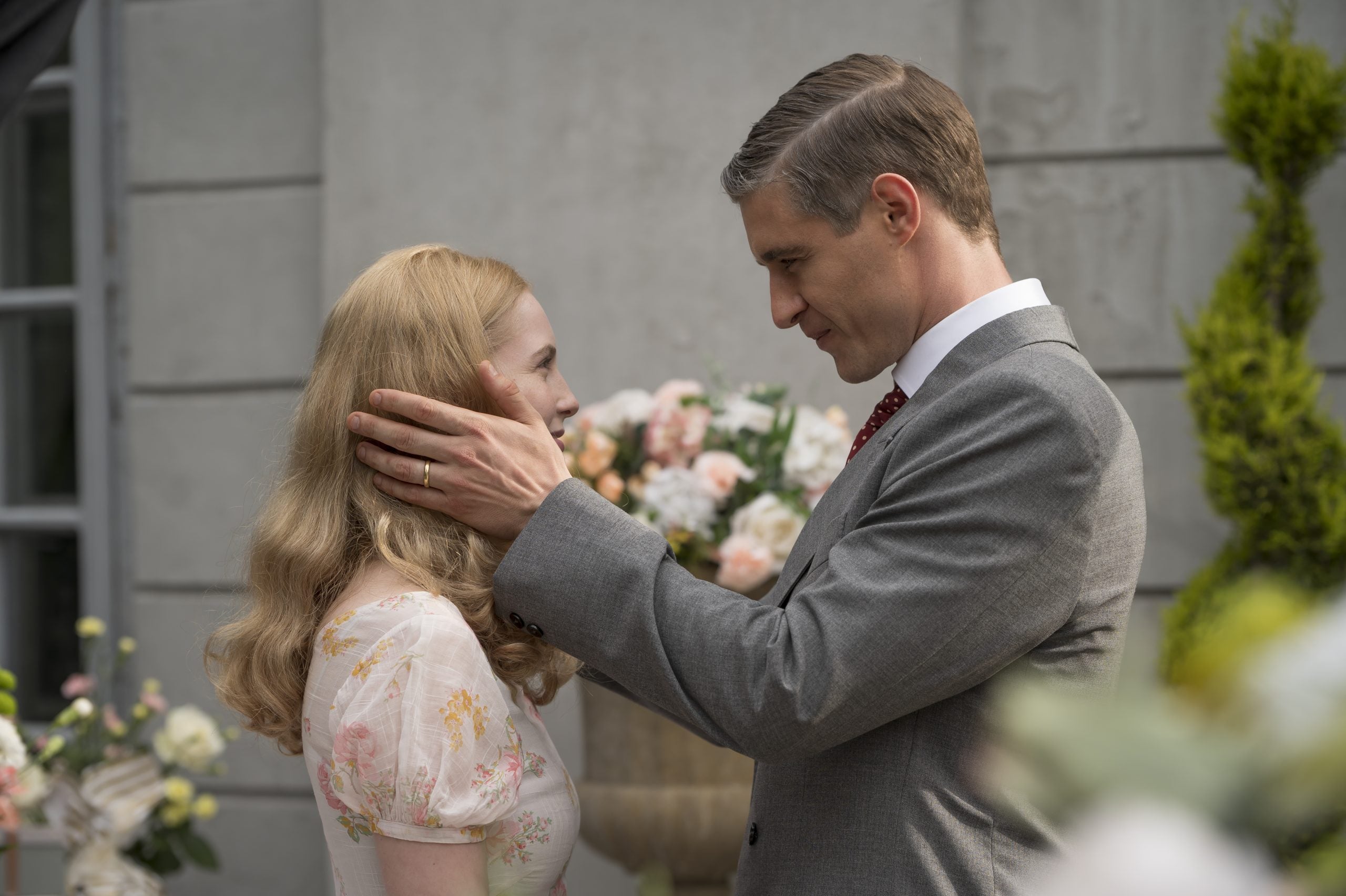 Max Irons as Malcolm Foxworth looking at Hannah Dodd as Corinne in 'Flowers in the Attic: The Origin'