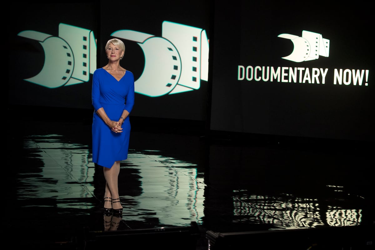 Helen Mirren in a blue dress during the opening segment of 'Documentary Now!'