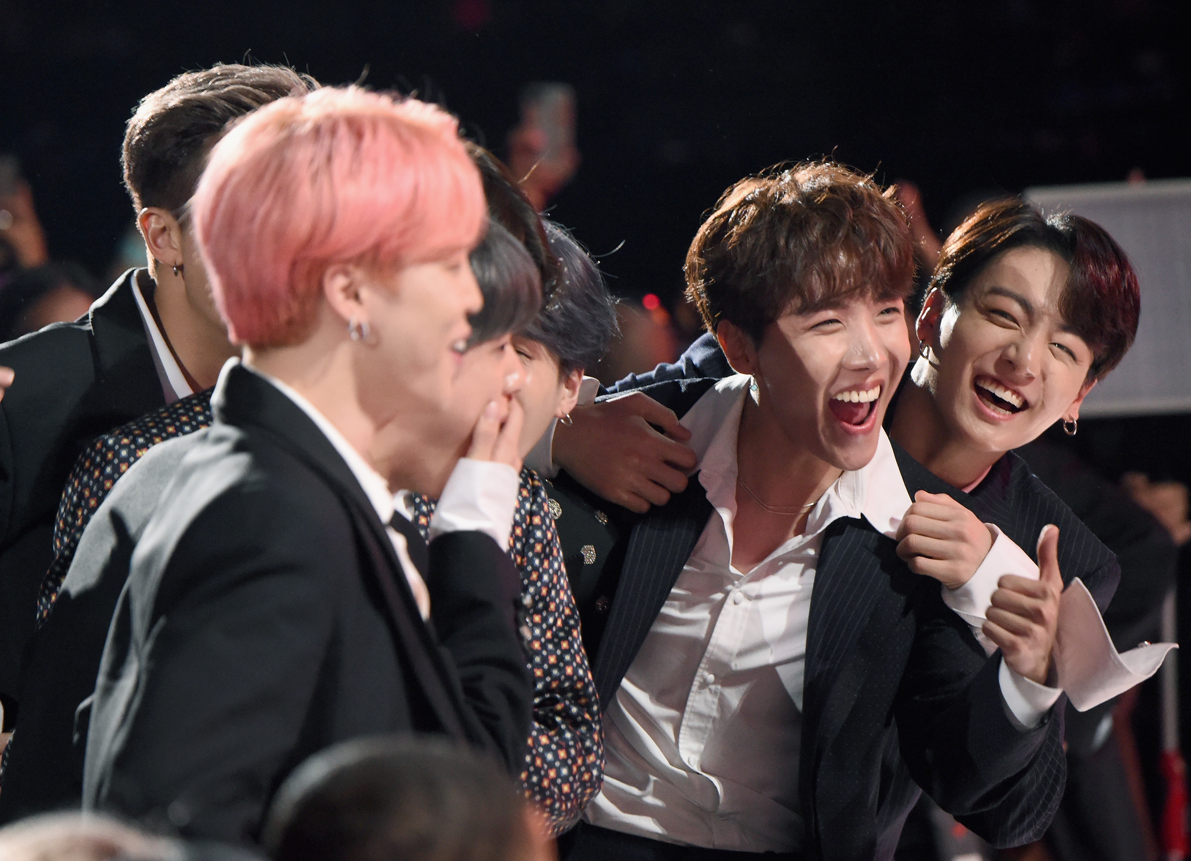 J-Hope, V, Jungkook, Jimin, Suga, Jin, and RM of BTS accept Top Duo/Group during the 2019 Billboard Music Awards