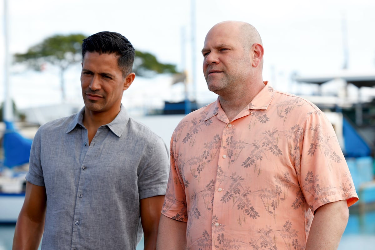 Jay Hernandez as Magnum standing next to Domenick Lombardozzi as Nuzo in 'Magnum P.I.' Season 4