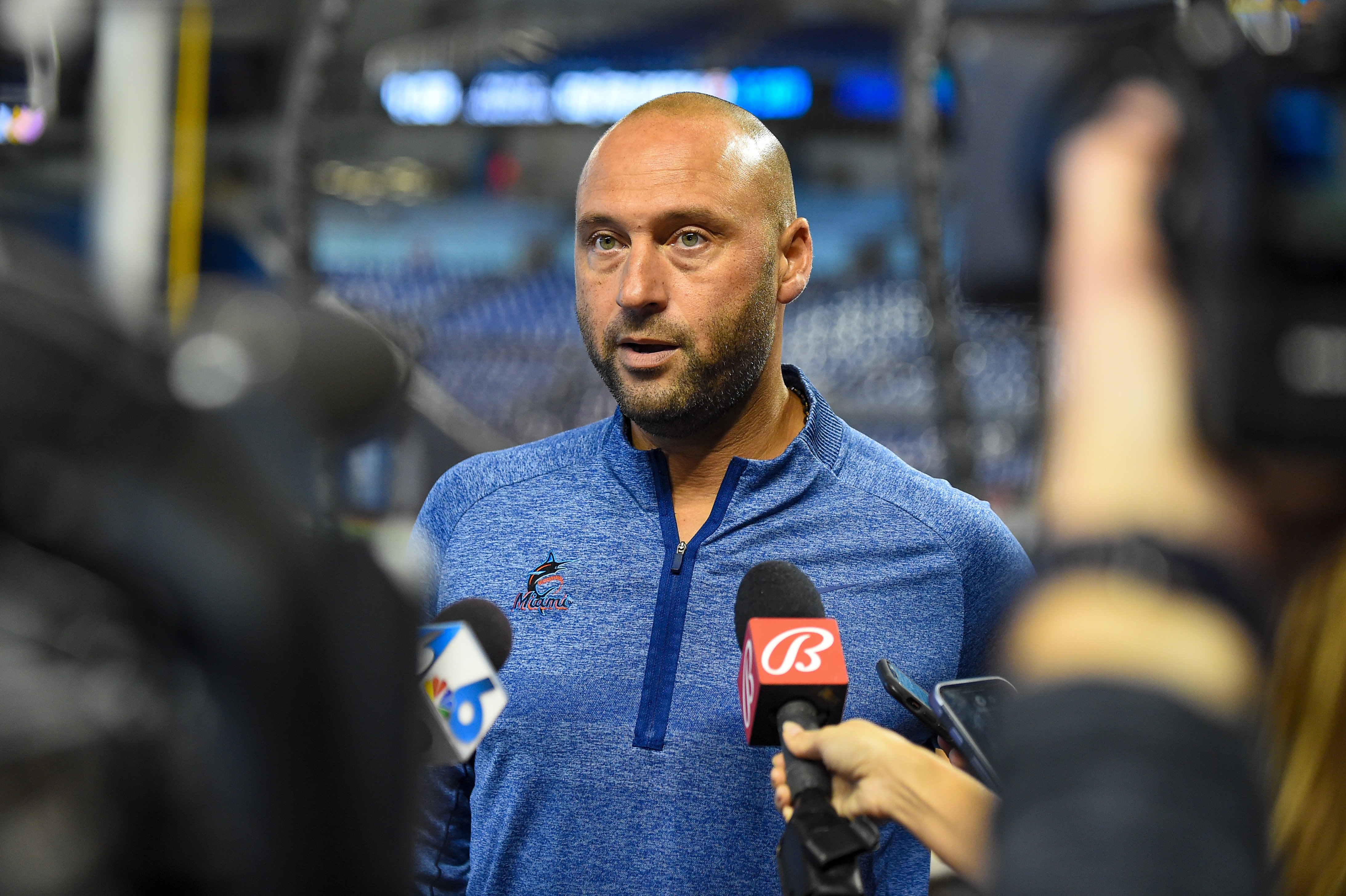 Miami Marlins CEO Derek Jeter speaks to the media before the start of the game against the Philadelphia Phillies
