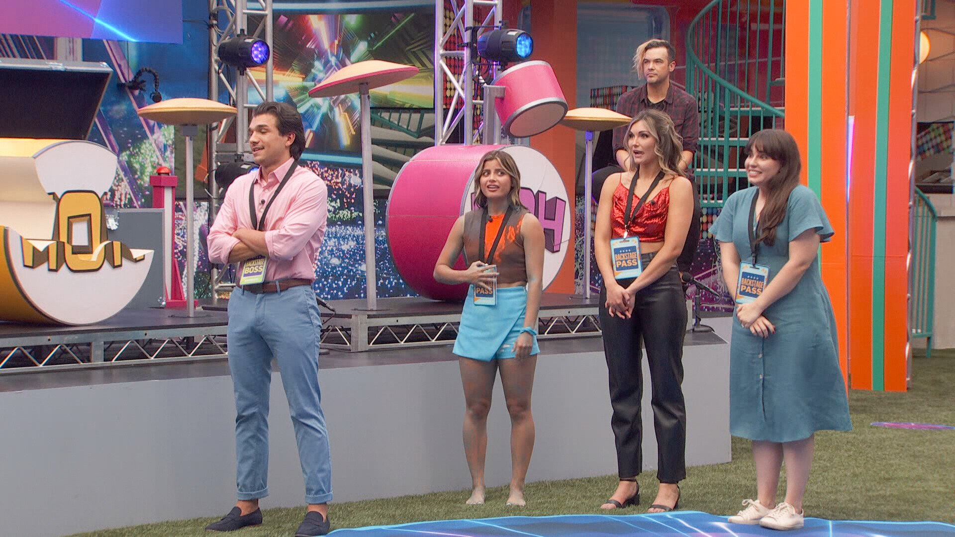 Joe ‘Pooch’ Picciarelli, Polamar Agular, Alyssa Snider and Brittany Hoopes standing next to each other during opening challenge of 'Big Brother 24'