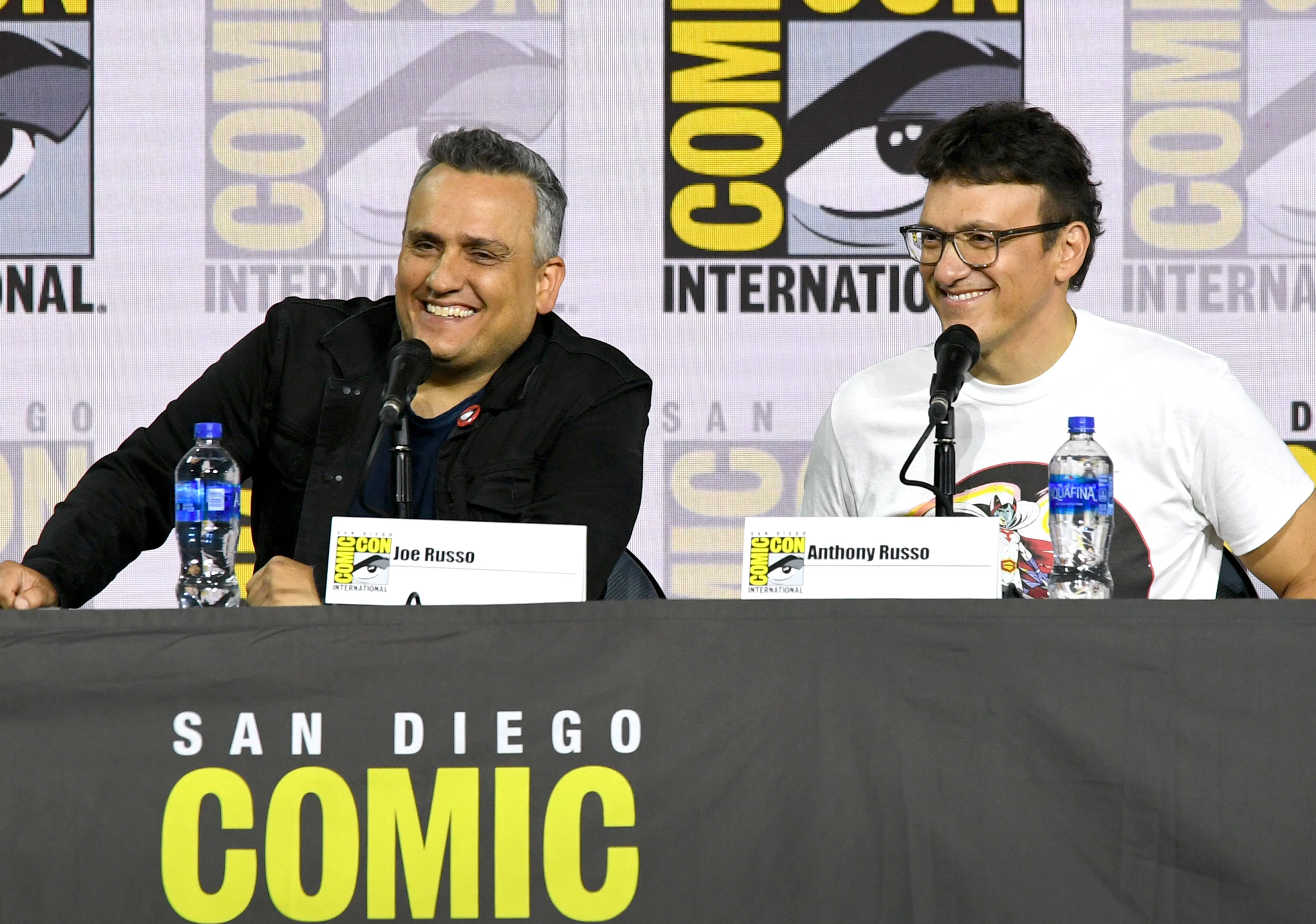 Joe Russo and Anthony Russo speak at the writing Avengers Endgame panel at the 2019 Comic-Con