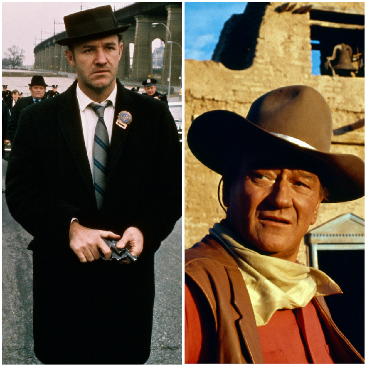 Gene Hackman stars as Popeye Doyle in 'The French Connection' (left); John Wayne as Cole Thorton in 'El Dorado.' Wayne once said he hated Hackman's acting, calling him "the worst actor in town."
