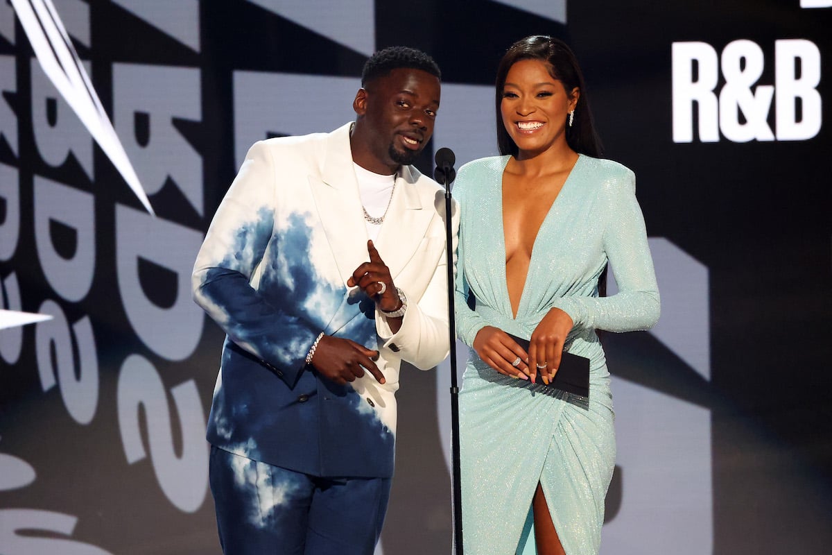 'Nope' stars Daniel Kaluuya and Keke Palmer on stage at the microphone at the BET Awards