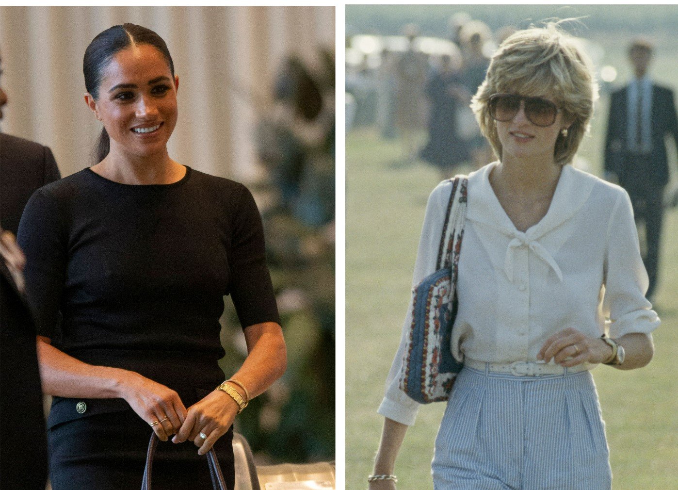 (L) Meghan Markle, who reportedly insisted Harry compare her to his mother, arrives to attend the Nelson Mandela Prize award ceremony, (R) Princess Diana attends a polo match at Cowdray Park Polo Club in West Sussex