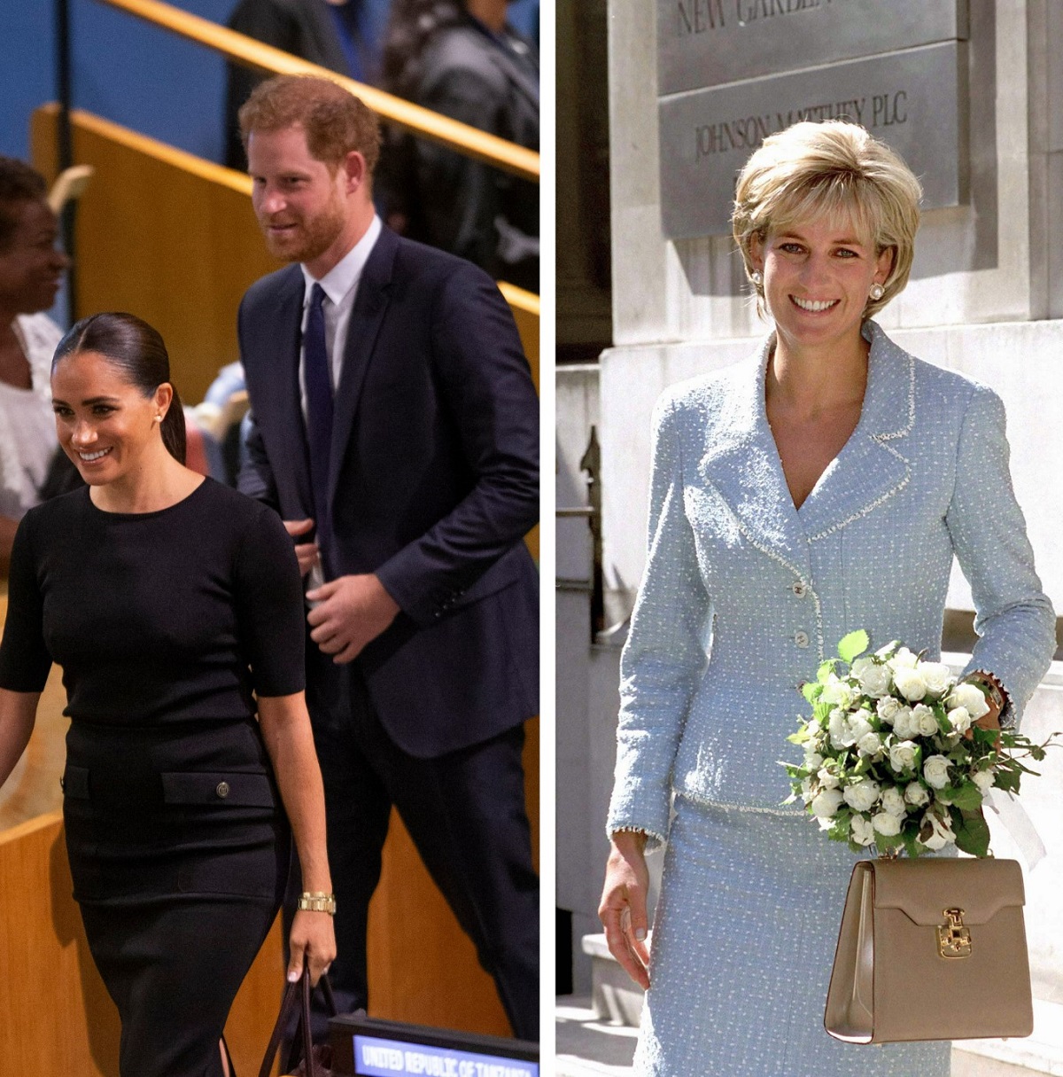 (L) Prince Harry and Meghan Markle UN Nelson Mandela Prize award ceremony, (R) Princess Diana leaving the British Lung Association