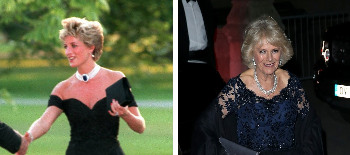 (L) Princess Diana wearing her iconic revenge dress, (R) Camilla Parker Bowles attending a reception for supporters of The British Asian Trust