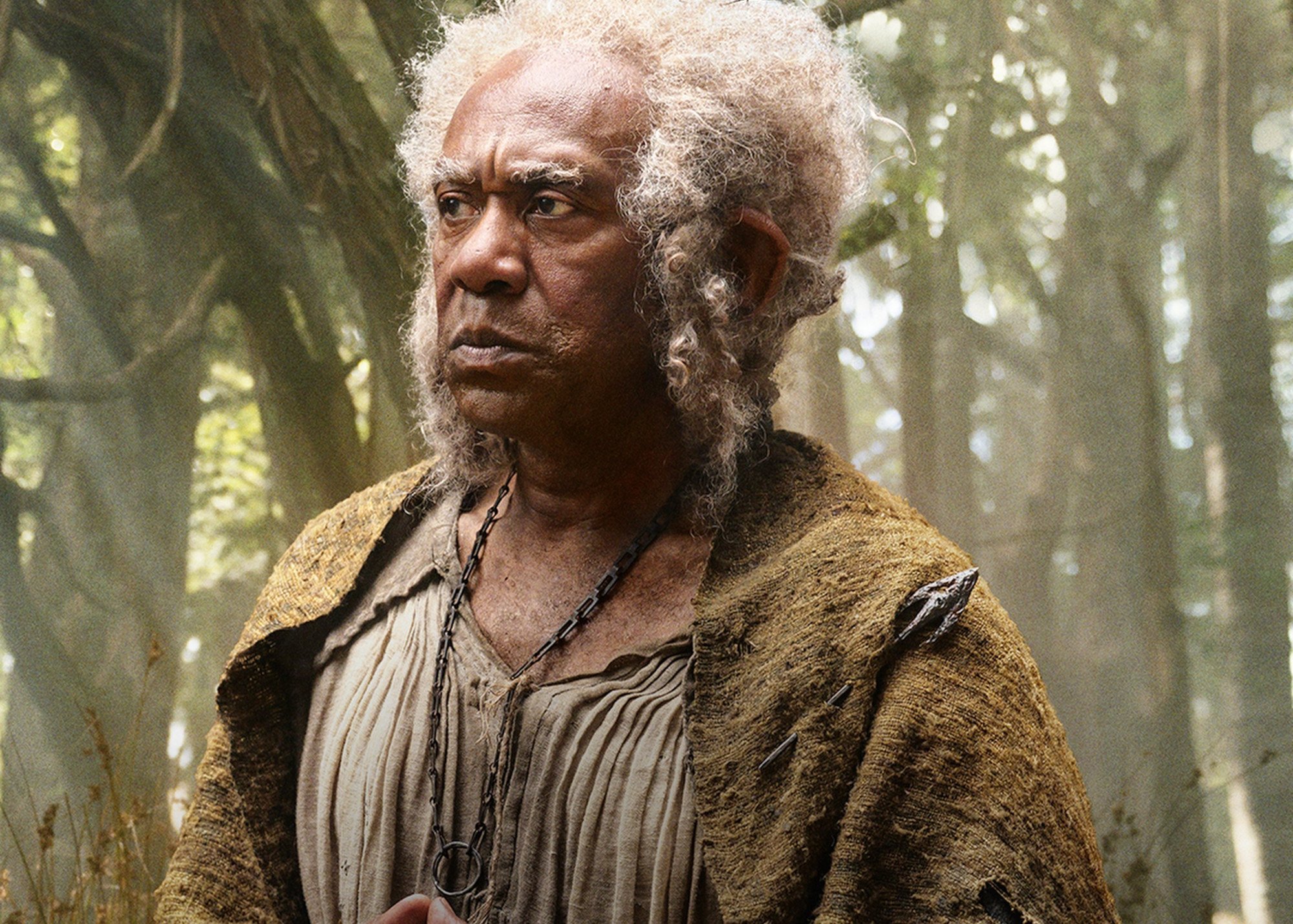 Sir Lenny Henry as Sadoc Burrows, one of the Harfoots in 'The Lord of the Rings: The Rings of Power.' He's wearing a brown cloak and surrounded by trees.