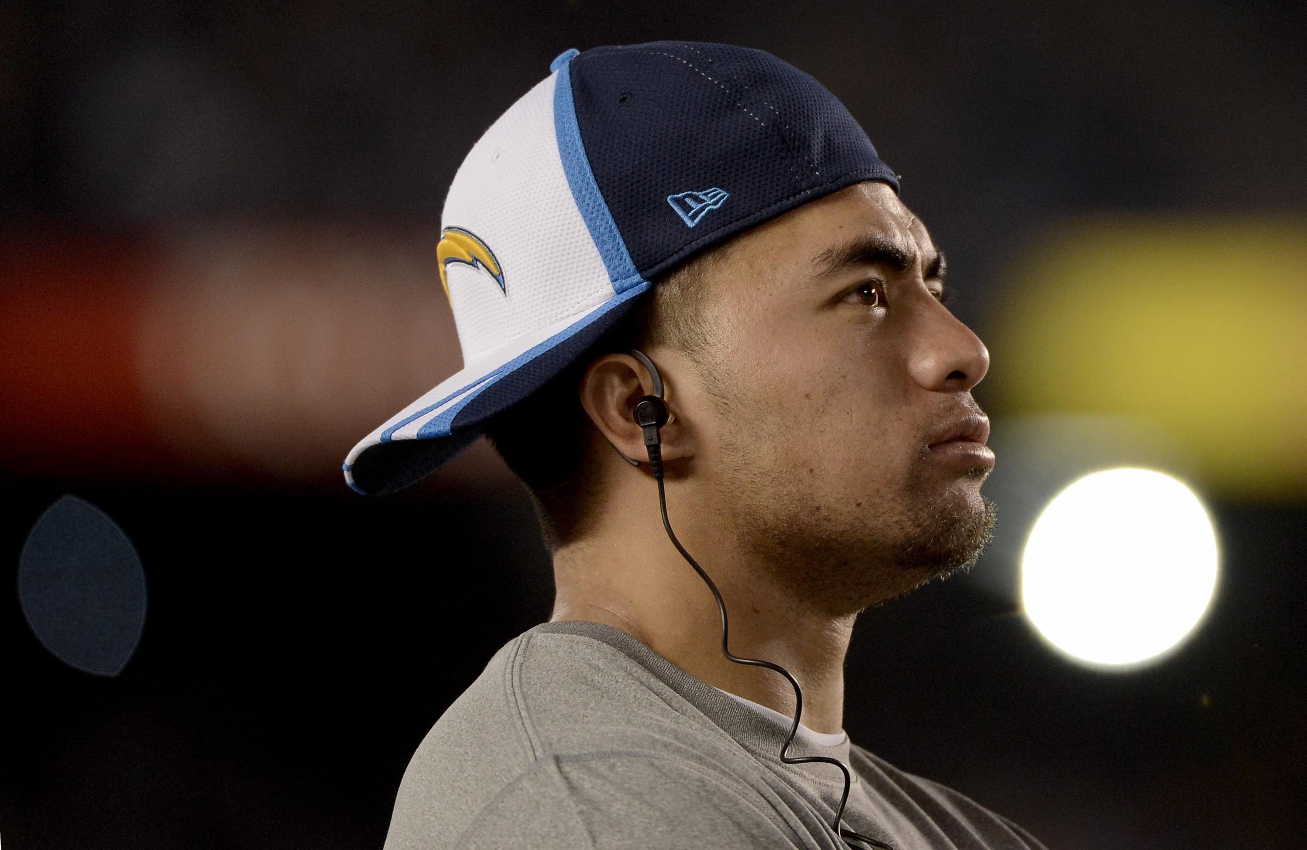 Manti Te'o, subject of a new Untold Netflix documentary, plays at a preseason game for the San Diego Chargers