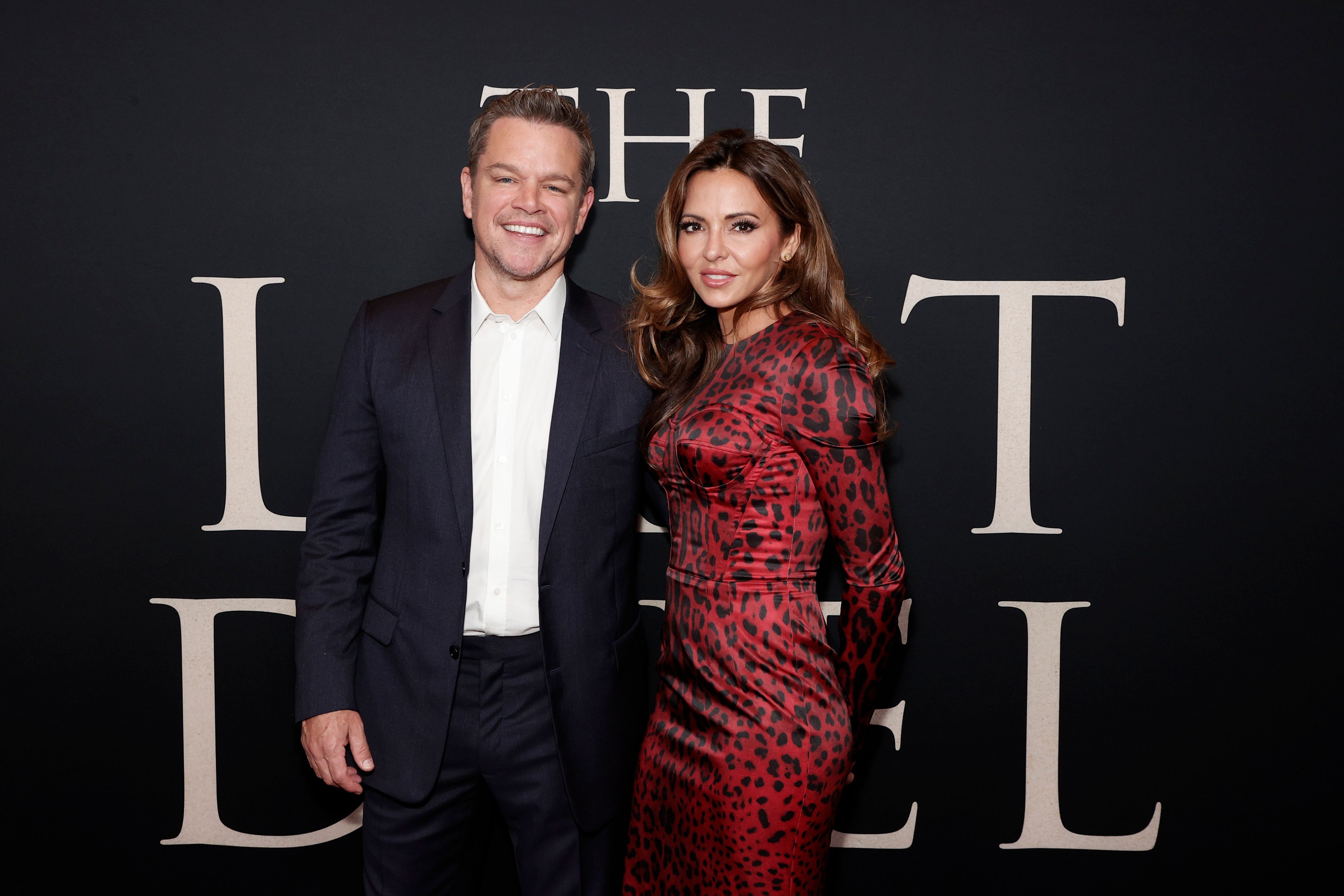 Matt Damon and Luciana Barroso attend 'The Last Duel' New York premiere