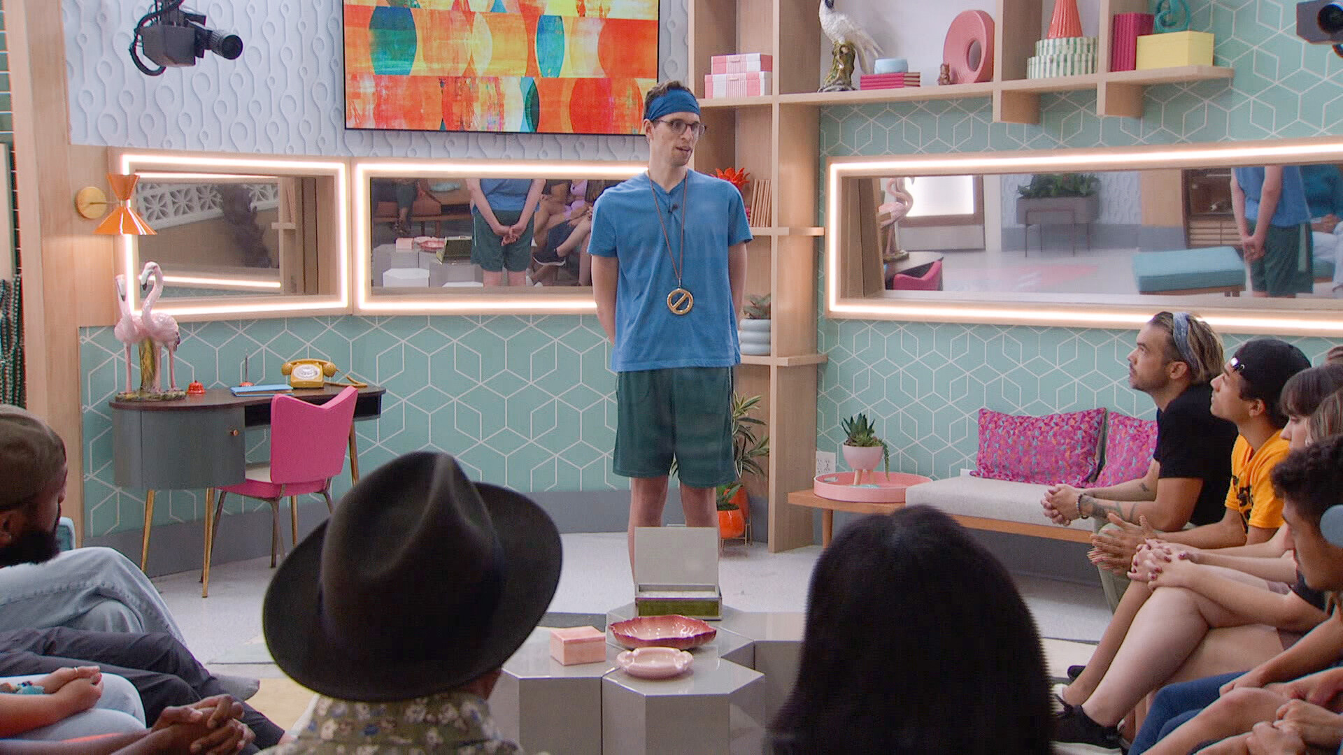 Michael Bruner standing in front of 'Big Brother 24' Houseguests during Power of Veto ceremony