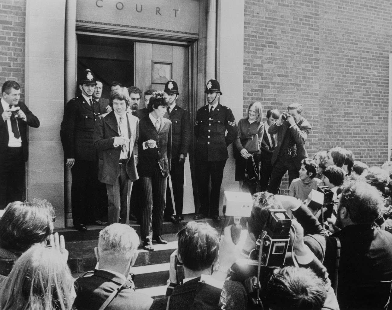 Mick Jagger and Keith Richards of The Rolling Stones at court following their drug bust in 1967.