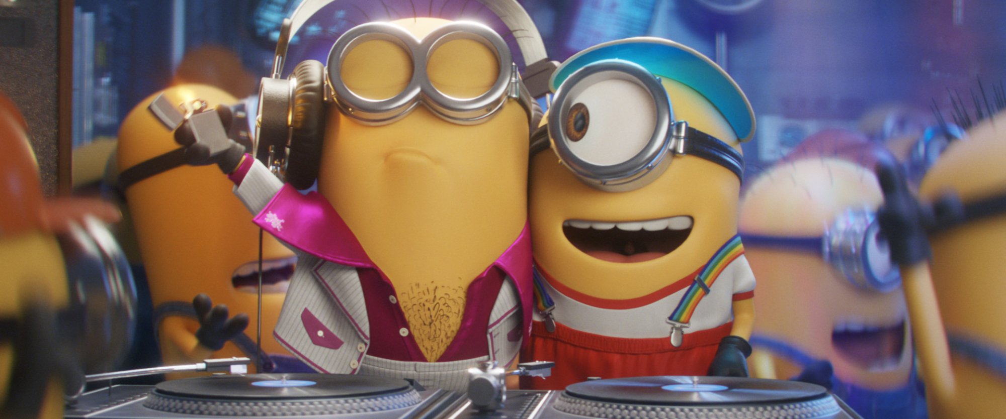 'Minions: The Rise of Gru' - minions watch one another by the DJ booth and dancing around