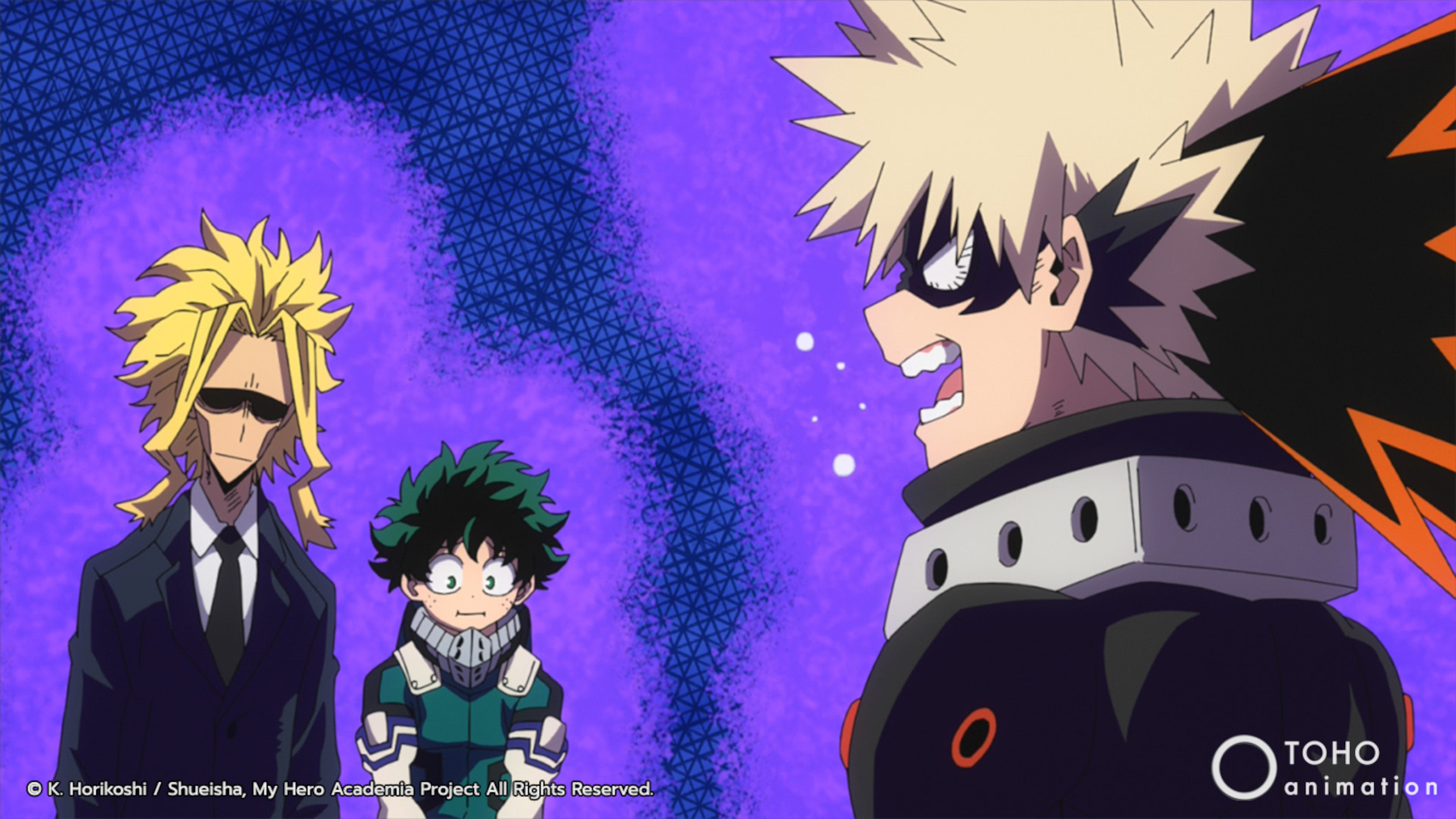 A still from 'My Hero Academia' Season 5 for our list of best anime to watch in summer 2022. In it, Bakugo is yelling at Deku and All Might.