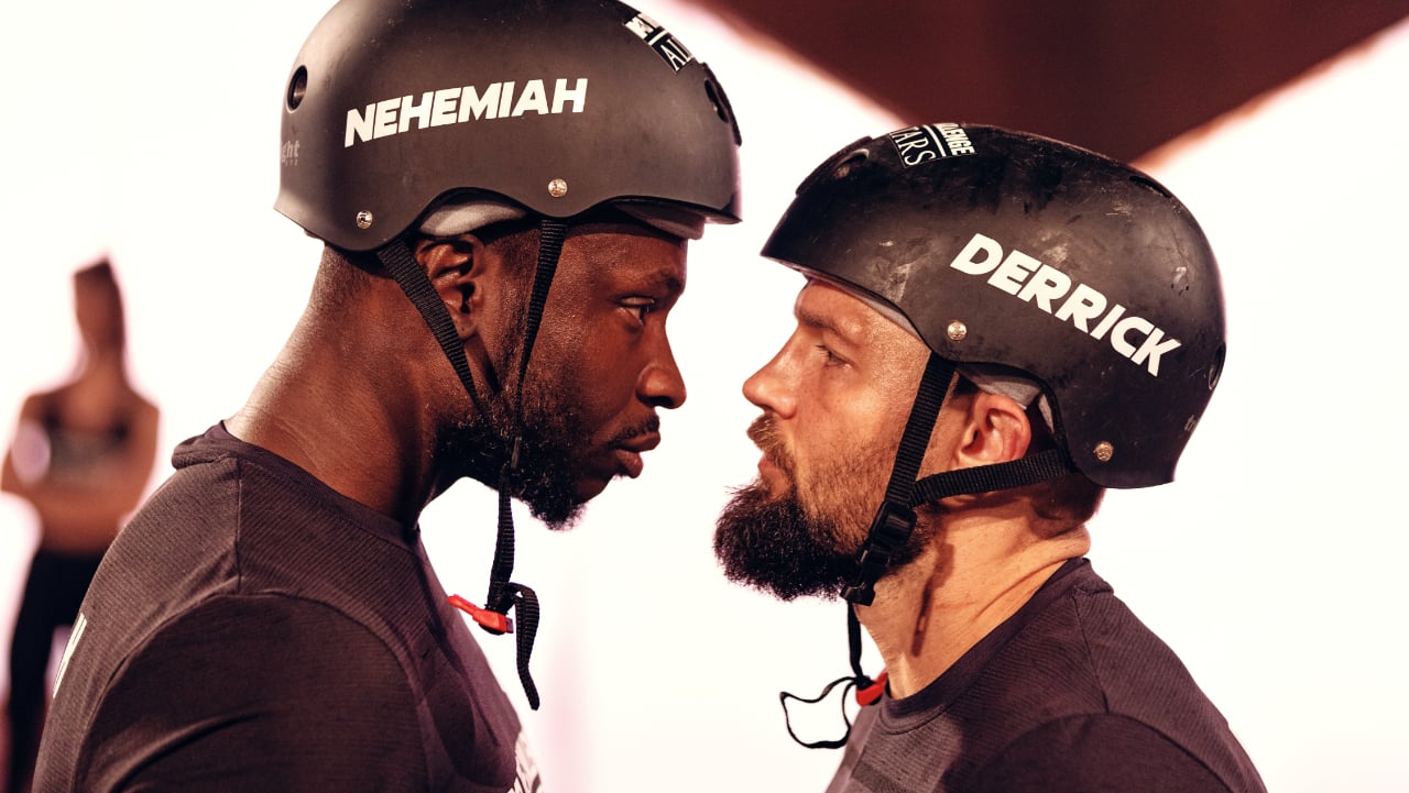 Nehemiah Clark and Derrick Kosinski staring each other down before 'The Challenge: All Stars' elimination