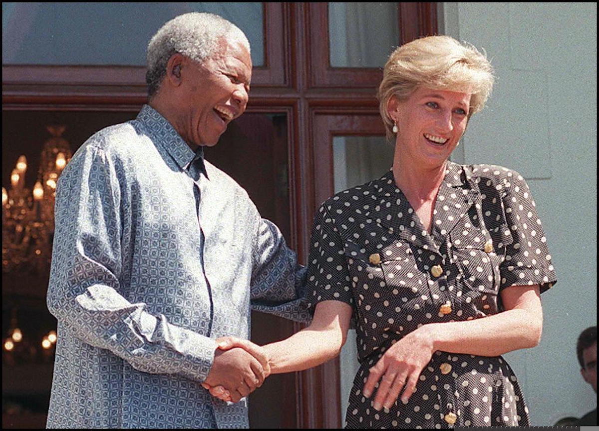 Nelson Mandela and Princess Diana shake hands in a photo referenced in Prince Harry's U.N. speech
