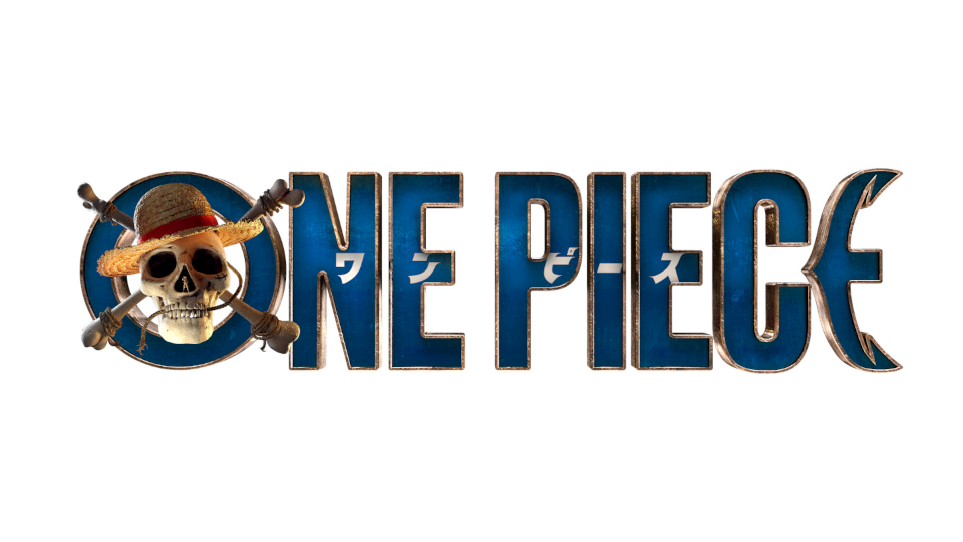 The logo for Netflix's live-action 'One Piece' show. It features 'One Piece' in blue writing, with a gold outline and skull in the 'O.'