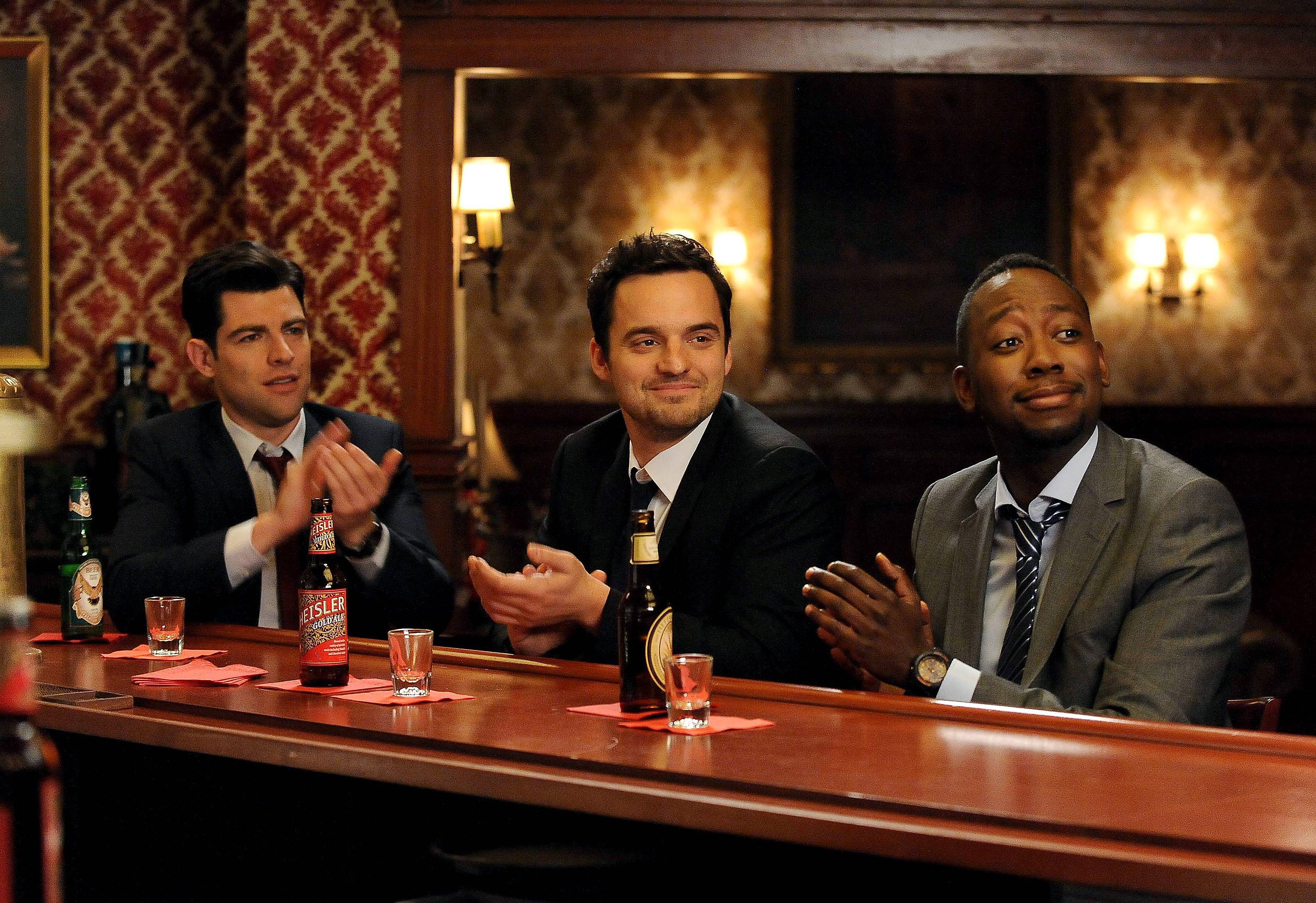 Max Greenfield, Jake Johnson and Lamorne Morris as Schmidt, Nick and Winston in 'New Girl'