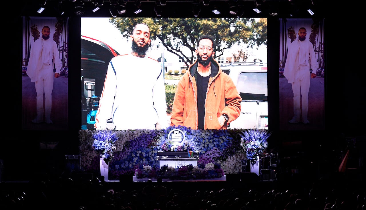 Portrait of Nipsey Hussle and Blacc Sam; Hussle's family didn't attend murder trial
