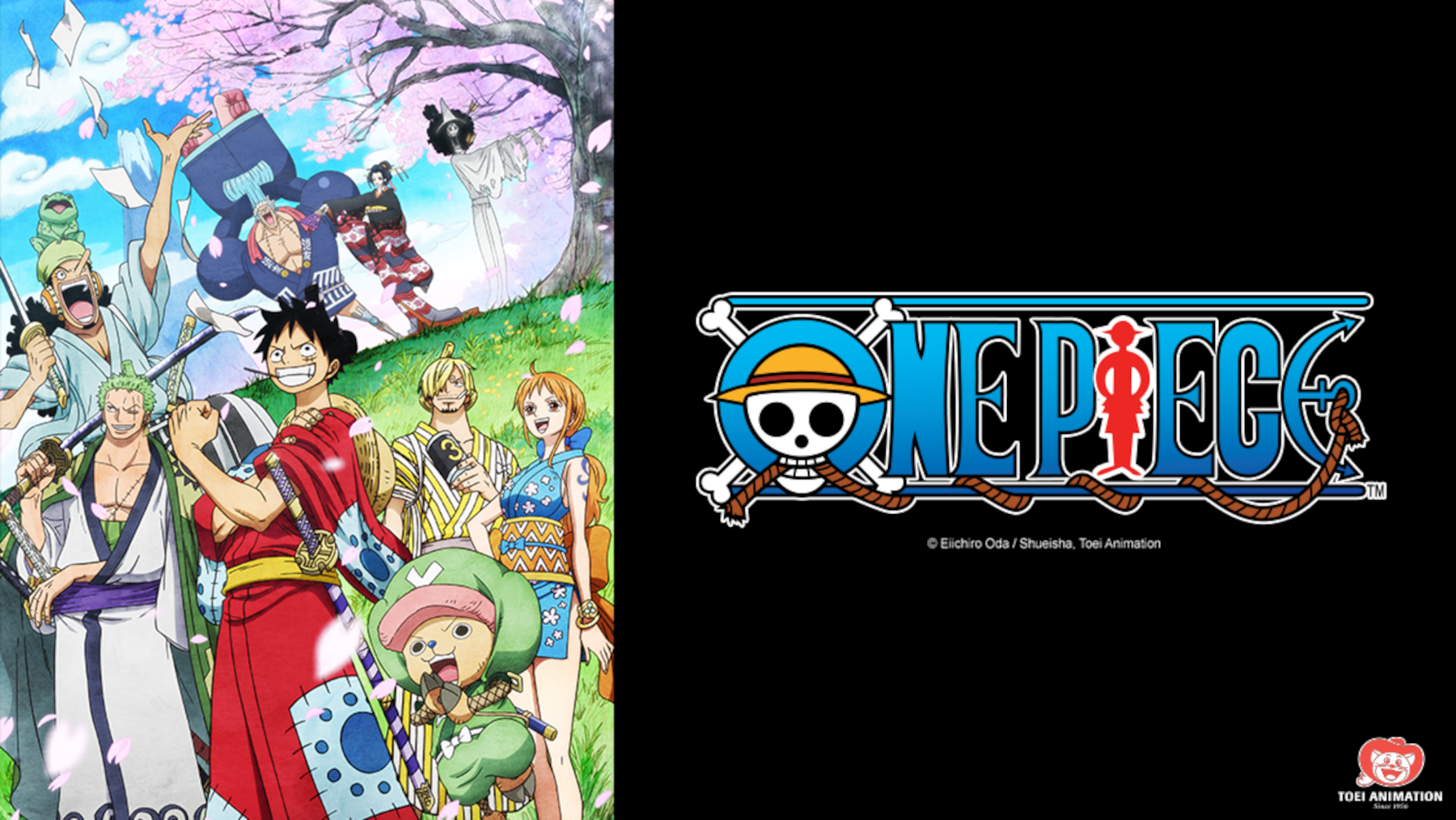Key art for the 'One Piece' anime, which will bring more episodes to Netflix in July 2022. The image features Monkey D. Luffy and the Straw Hats on the left and the 'One Piece' logo on the right.