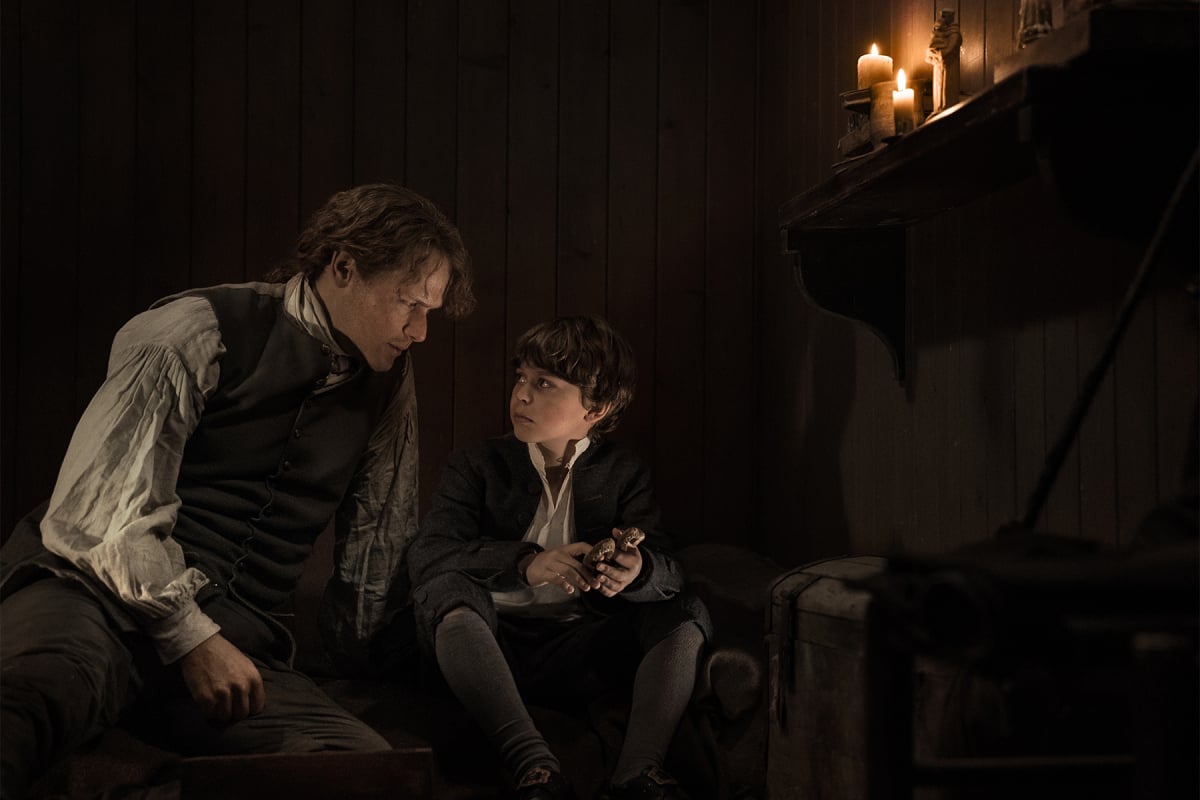Outlander star Sam Heughan (Jamie Fraser) and Clark Butler (young Willie) in season 3