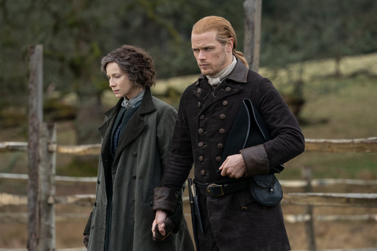 Outlander Season 7 stars Caitriona Balfe and Sam Heughan in character as Claire and Jamie Fraser in an image from season 6