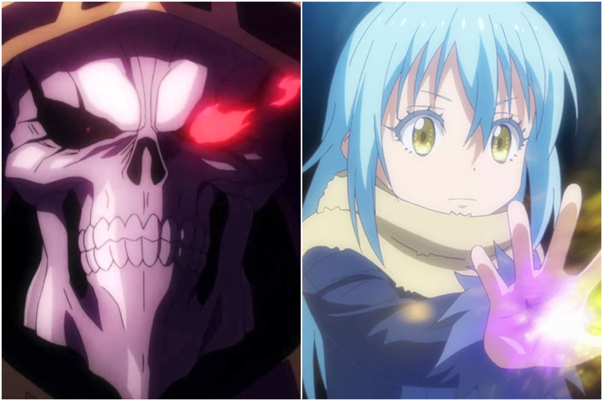 'Overlord' Ainz Ooal Gown and 'That Time I Got Reincarnated as a Slime' Rimuru Tempest. Ainz with one glowing red eye. Rimuru holding out his hand with magic coming from it.
