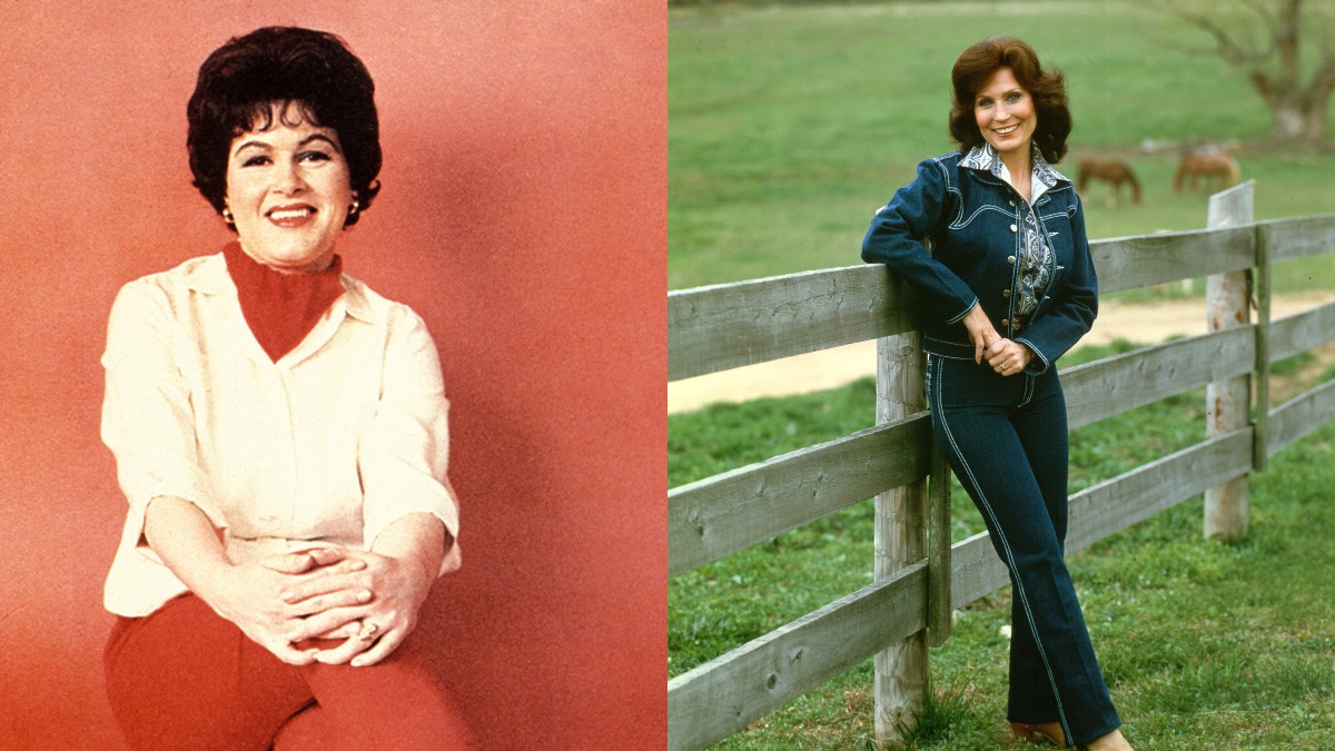 Patsy Cline (portrait on right) walked Loretta Lynn (pictured on left in a blue denim suit) through her first time shaving