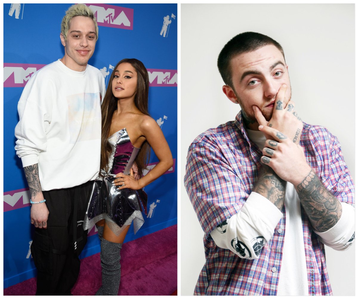Side by side photos of Pete Davidson with Ariana Grande, and rapper Mac Miller.
