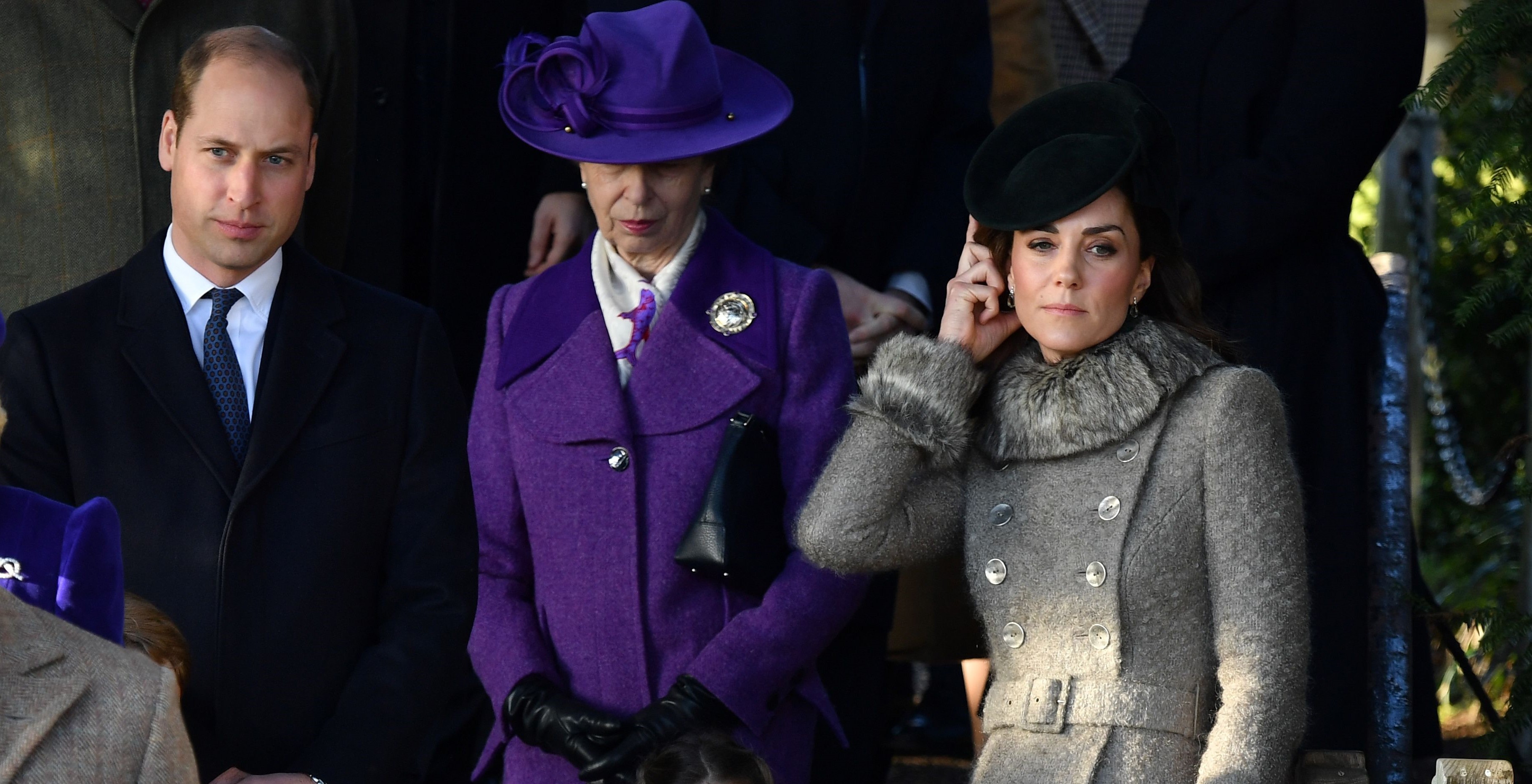 Prince William, Princess Anne, and Kate Middleton leave after the royal family's Christmas Day service at Sandringham