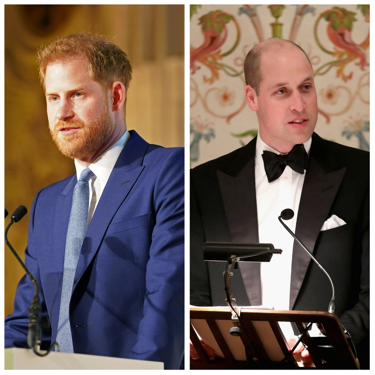 (L) Prince Harry, whose been accused of copying his brother;s speech, delivers remarks during award ceremony in London, (R) Prince William delivers a speech during dinner at the Royal Palace in Norway
