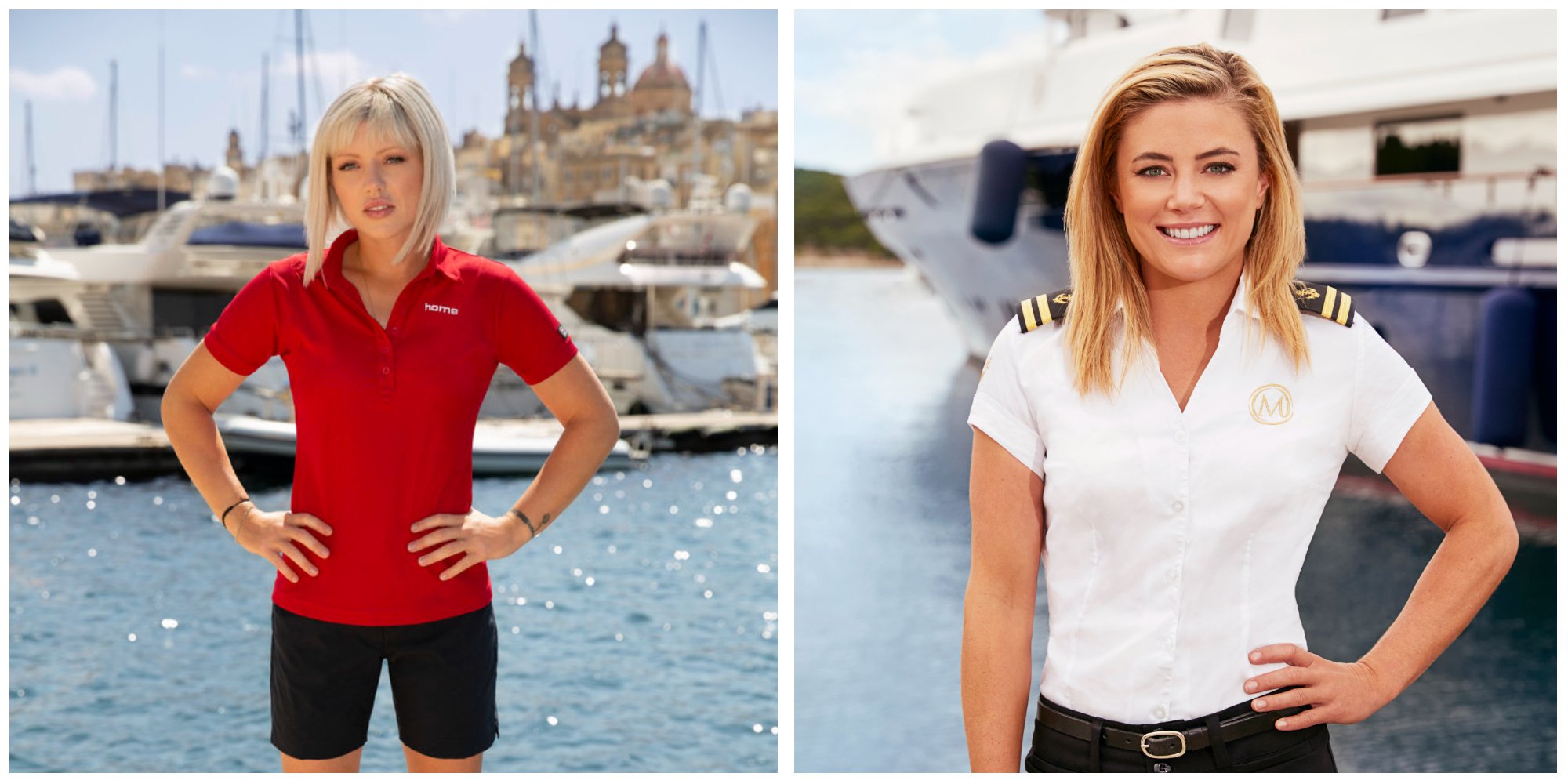 Raygan Tyler and Malia White 'Below Deck Med' cast photos posed on a dock in front of a yacht