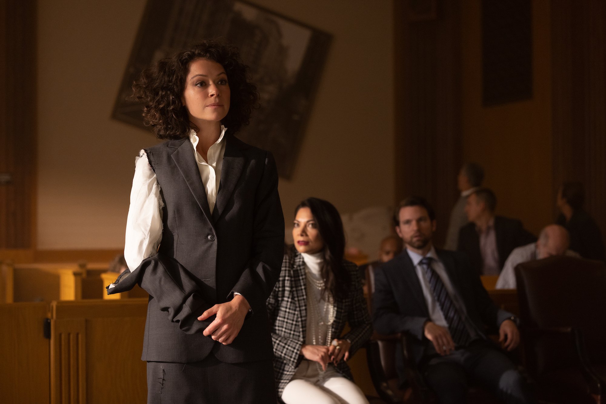 Tatiana Maslany, in character as Jennifer Walters in the 'She-Hulk: Attroney at Law' trailer, which teases Daredevil, wears
