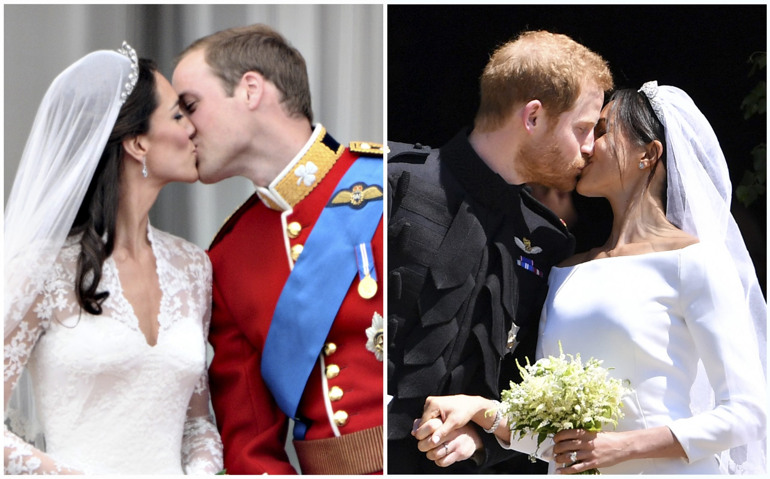 Side-by-side photo of Prince William and Kate Middleton kissing after their wedding and Prince Harry and Meghan Markle kissing after their wedding