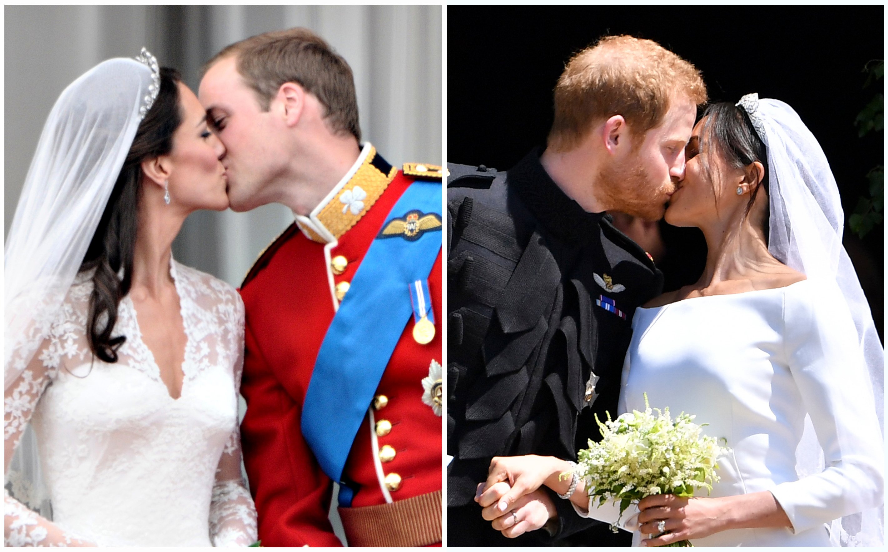 Side-by-side photo of Prince William and Kate Middleton kissing after their wedding and Prince Harry and Meghan Markle kissing after their wedding