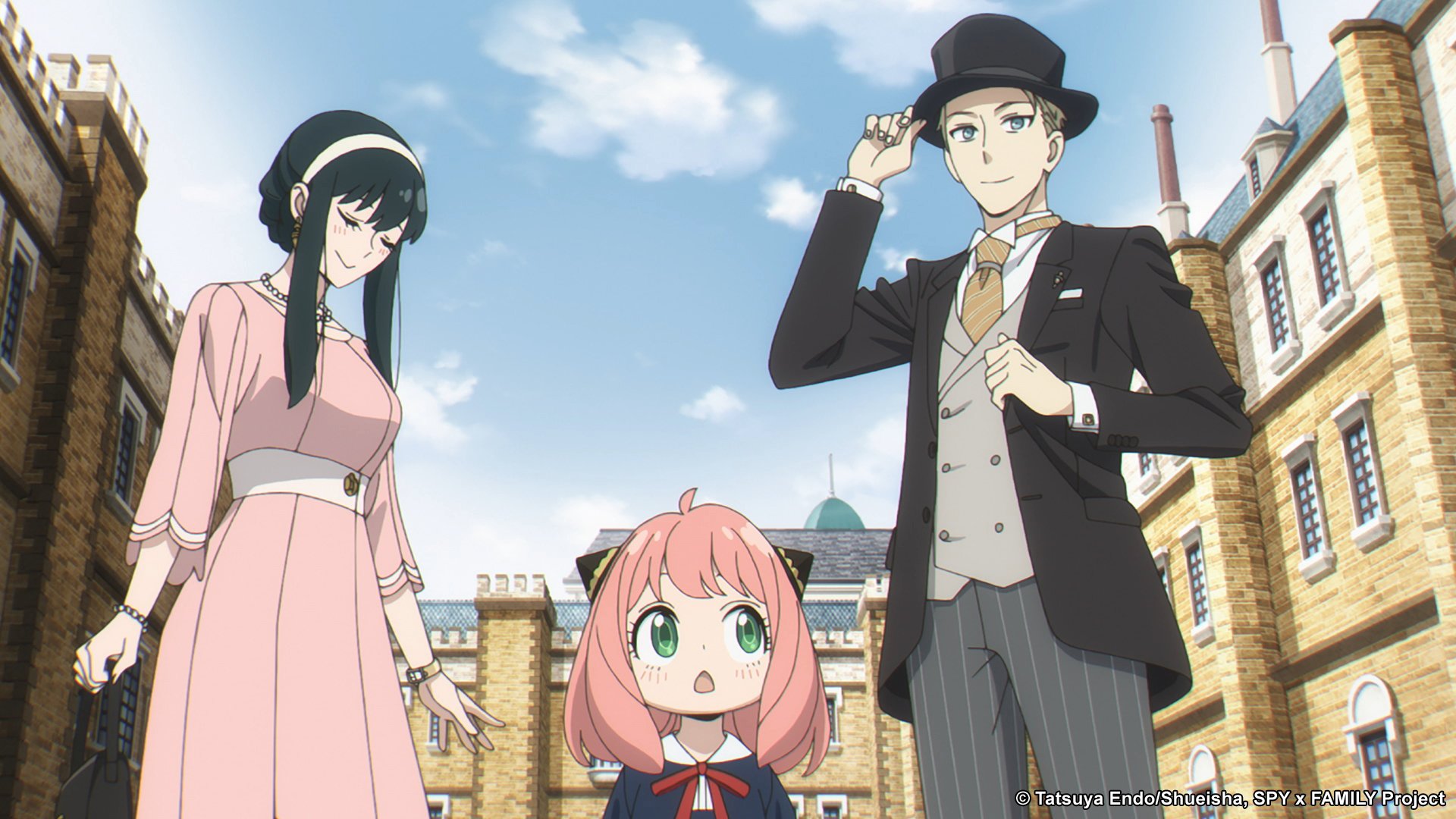 Yor, Anya, and Loid Forger in 'Spy x Family,' which will see Part 2 debut on Netflix in some regions this October. The three are dressed in fancy clothes, and Loid is tipping his hat.