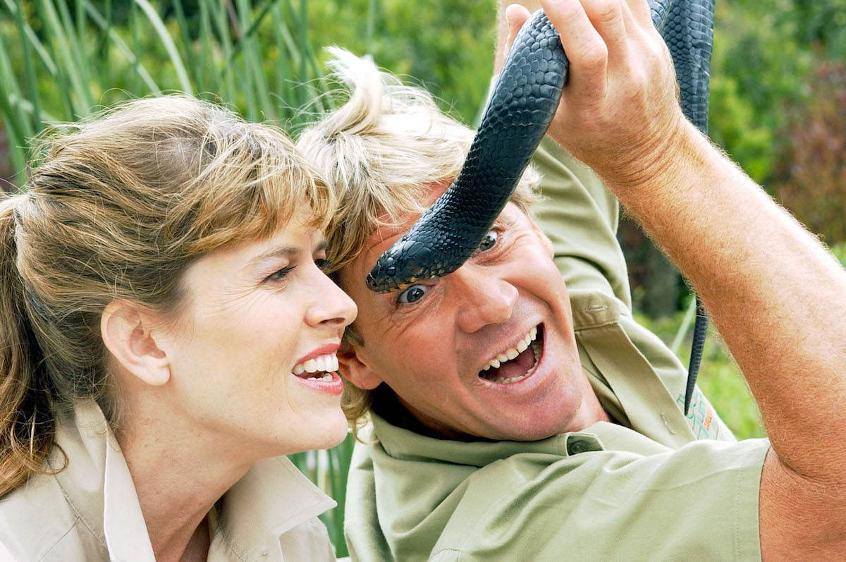 'The Crocodile Hunter' Steve Irwin shows a snake to his wife Terri in 2002