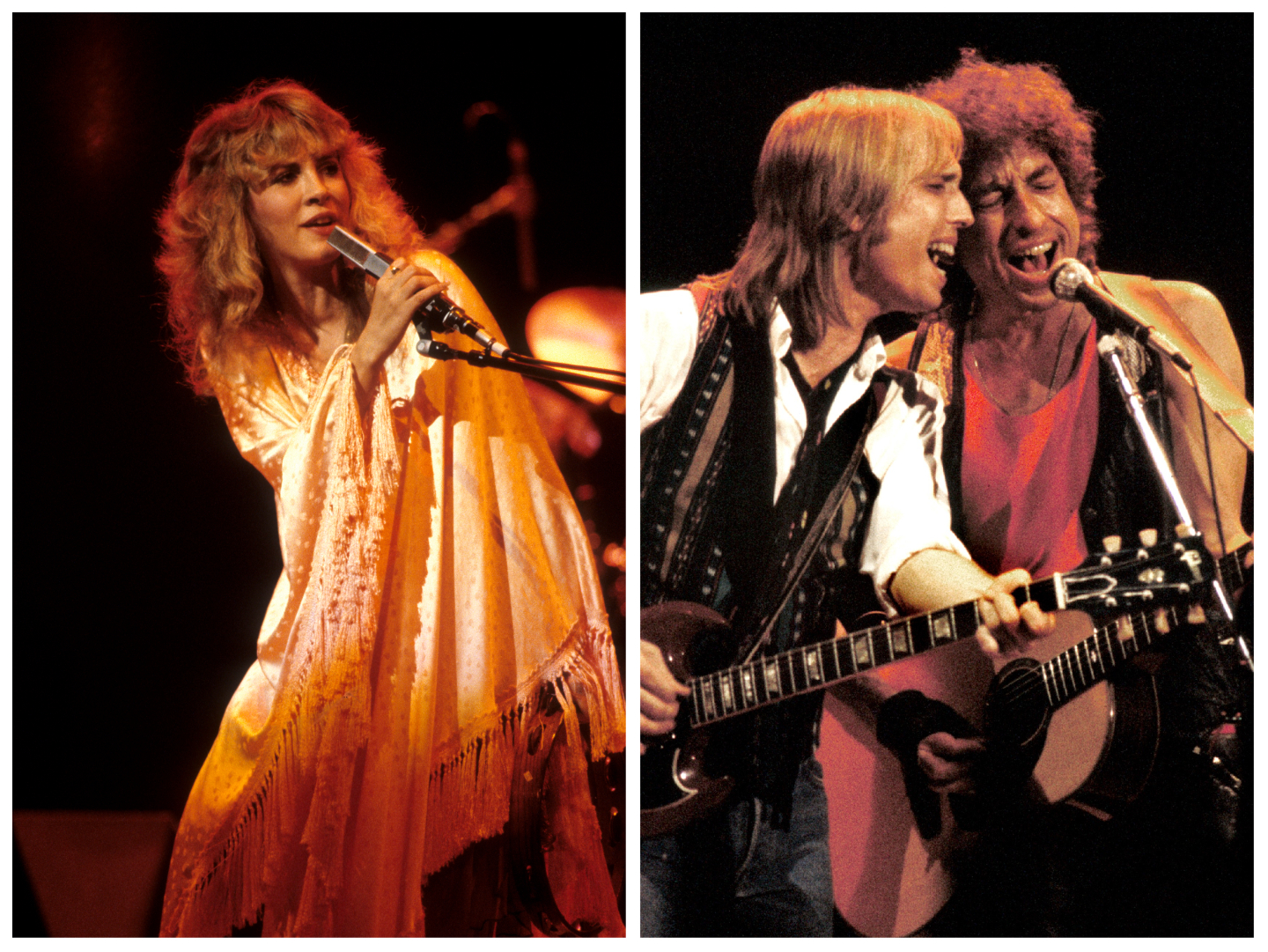 Stevie Nicks wears a shawl and sings into a microphone. Tom Petty and Bob Dylan play guitar and sing into the same microphone. 